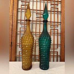 Mid Century Modeen Glass Decanter Set in Amber and Teal